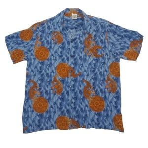 Aloha Men's‎ Large Hawaiian Shirt Blue With Dragons Button Up Short Sleeve